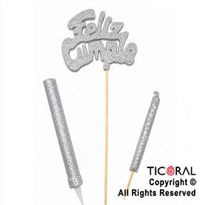 ADORNO DE TORTA SET FELIZ CUMPLE CON BENGALA Y VELA 9 CM GIBRE PLATA x 1